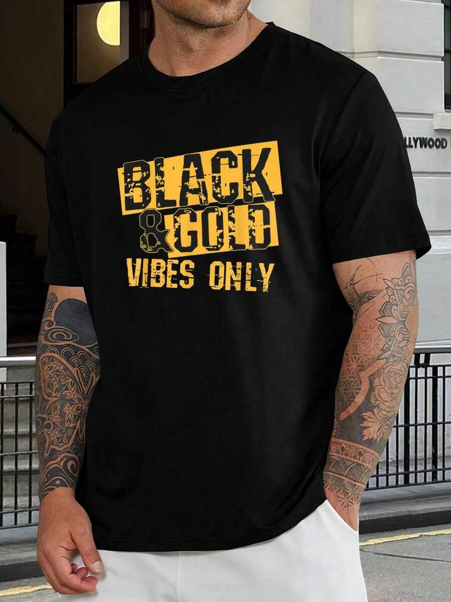 Camiseta gráfica negra dorada para hombre - Camiseta de manga corta de moda - Perfecta para fiestas, ropa casual, estilo callejero - Camiseta elegante y cómoda para papá - Compra ahora - Negro - Ver 1