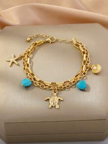 1 Peça Pulseira com Temática Oceânica, Estrela do Mar, Tartaruga, Concha e Coração de Pedra