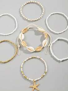 7 peças/Conjunto Pulseiras Femininas de Conchas e Estrelas-do-Mar com Contas, Acessórios de Praia e Diários