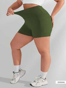 大码女式高腰黑色瑜伽短裤，收腹提臀，带口袋，适合健身、骑行、跑步及各种场合。 - 軍綠色 - 查看 4