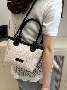 2025 女士编织单肩托特包，大容量度假沙滩手提包，通勤手提包 - 黑色 - 查看 3