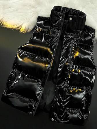 Plus Size Men's Glossy Thickened Stand Collar Sleeveless Cardigan, Warm Open Stitch Waistcoat Outerwear For Tall Big Guys, Autumn/Winter