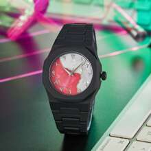 1 pieza Reloj de pulsera de cuarzo clásico y creativo para hombre, de estilo casual de negocios en azul, negro y rosa, con diseño de números arábigos y dibujos animados, adecuado para la oficina, deportes, cumpleaños, regalo para días festivos