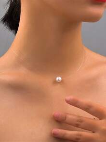 1pc Invisible Necklace With Single Faux Pearl Pendant, Suitable For Everyday Wear - Multicolor - View 1