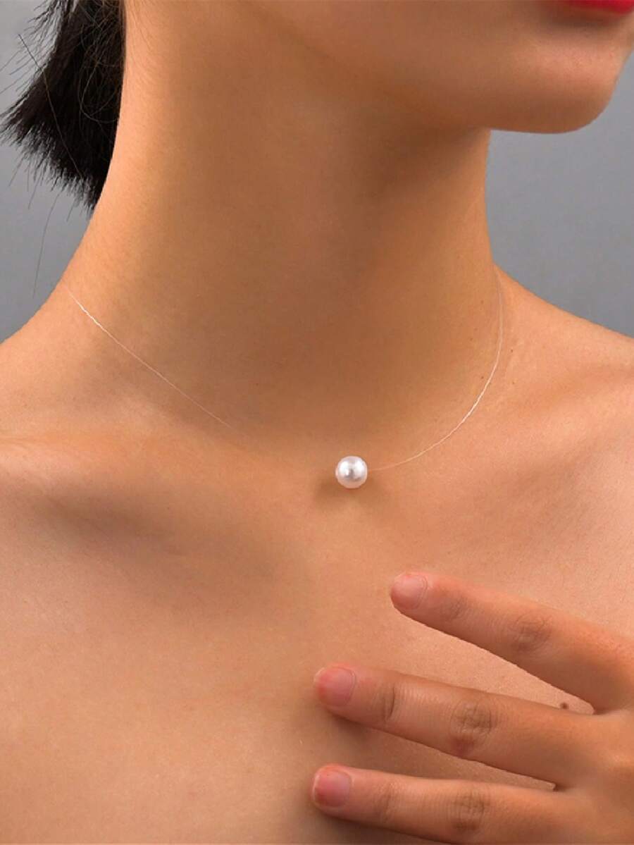1pc Invisible Necklace With Single Faux Pearl Pendant, Suitable For Everyday Wear - Multicolor - View 1