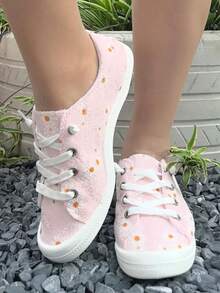 女士休闲碎花平底鞋，时尚白色雏菊图案，适合万圣节、圣诞节、夜总会派对，鞋底柔软，舒适、透气、防滑，加大码，户外步行运动鞋 - 粉色 - 查看 1