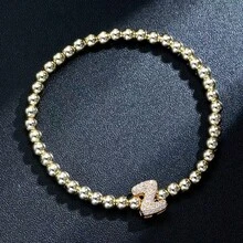 1 件简约黄铜和立方字母串珠弹性手链，适合女士 - 金色 - 查看 12