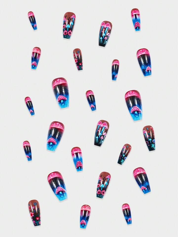 24PCS Gradient Dreamy Mushroom Leaves Nail Supplies And 1 Nail File Strip+1 Double-Sided Tape