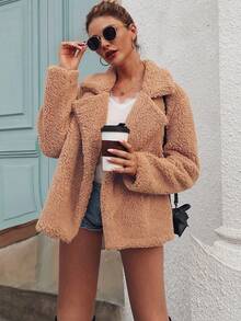 Damen Jacke Einfarbig mit Knopfleiste und fluffigem Material, für Herbst/Winter