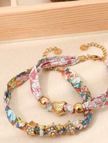 1pc Western Vintage Boho Style Minimalist Luxurious Elegant Charming Refined Titanium Steel Engraved Heart Star Beaded Multi-Element Colorful Scarf Fabric Adjustable Gold Bracelet Jewelry, Suitable For Women Everyday, Casual, Party, Vacation, Gift For Family, Mother, Wife, Girlfriend, Christmas, New Year - Multicolor - View 4