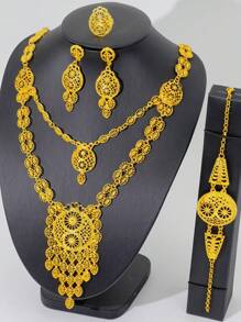 1 Set de joyería de lujo enchapada en oro de 18K para mujer, 5 piezas incluyendo collar, aretes, brazalete y anillo, elegantes accesorios para novia, boda y fiestas