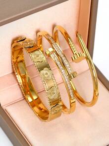 3 件时尚 18K 镀金 316L 不锈钢四叶草钉子手链，适合女性派对、日常佩戴、欧美风格、个性、大方、奢华方晶锆石腕带、婚礼首饰套装、送给女孩、女士、亲戚、朋友、美丽婚礼、生日、情人节的礼物 - 彩色 - 查看 12