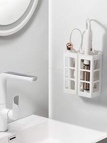 1pc Hair Styling Tool Storage Box, No Need To Drill A Wall Mounted Box On The Bathroom Wall. Curling Iron Straightener Storage Rack For Home Use. Bathroom Storage Rack. Easy To Use. - White - View 8