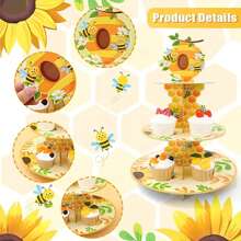 4 Stücke 3-stufiger Cupcake-Ständer im Bienenmotiv - lebendiges Gelb und Grün Design mit Wabenmuster und Blumenmuster, ideal für Baby-Shower, Hochzeit, Geburtstagsparty Dekoration, Bienen Dekor