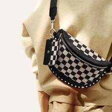Women's Punk Style Studded Decor Bum Bag, Fashion Colorblock Checked Pattern Crossbody Bag For Daily Used, Casual Versatile High-Quality Daily Commuting Bag - 黑色 - 查看 8