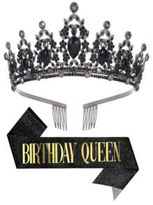 2pcs/Set Baroque Style Rhinestone Zinc Alloy Birthday Crown + Sash Suit, Suitable For Birthday Party, Birthday Queen Tiara Headpiece + Shoulder Strap Accessory