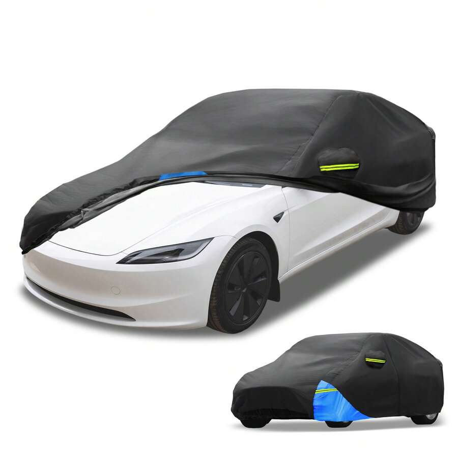Car Cover Waterproof All Weather 210D, UV Sun Rain Protection, With Left Side Zipper - Black Blue 188.98"x72.83"x51.18" - View 1