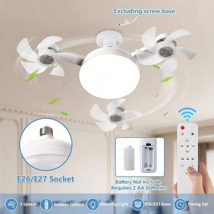 LED Smart Ceiling Fan Light 27/E26 Screw Port With Remote Control, Adjustable Brightness And 3 Speed Adjustment, Suitable For Bedroom, Living Room, Study, Kitchen And Bathroom - Modern Design, Suitable For All Seasons - 白色 - 查看 1