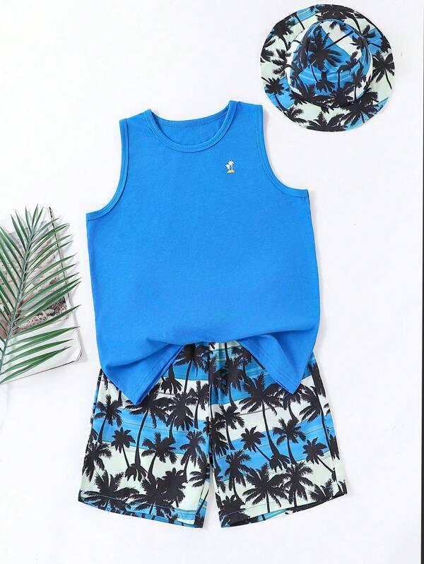 2pcs Set: Boys Casual Sleeveless Tree Print T-Shirt And Elastic Waist Hawaiian Shorts, With Fashion Hat