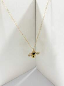 INS Style Petite Rhinestone Bee Pendant Necklace For Women, Delicate Charm Jewelry - Yellow Gold - View 3
