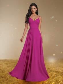 Smilprince Vestido largo de línea A con tirantes finos color fucsia, vestido de dama de honor sencillo, vestido formal elegante de largo maxi, vestido de graduación y fiesta para mujeres, atuendo de graduación - Rosa Fucsia - Ver 4