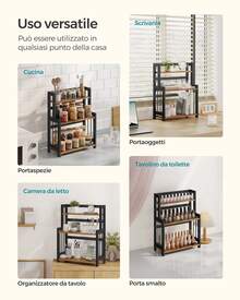 Portaspezie, Scaffale da Cucina a 3 Ripiani, Organizzatore da Banco, Struttura in BambÙ, per Cucina, Sala da Pranzo, Ufficio, Marrone Vintage e Nero - Castano - Visualizzare 4