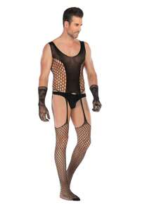 Men's Open-Crotch Seductive Nightwear High-Elastic Jacquard Bodysuit.Gloves Are Not Included.Sexy Lingerie