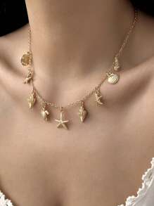 1 pièce Collier de style bohème à la mode avec éléments multi, thème océan plage d'été avec pendentif étoile de mer et coquillage, convient à toute occasion comme la plage d'été, les vacances, les fêtes, excellent choix de cadeau