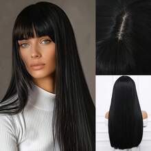 28.3 Pulgadas Peluca Negra Larga Lisa con Flequillo y Malla Interior, Peluca Negra Larga Lisa Ajustable con Flequillo Mujer Resistente al Calor Elegante Peluca Sintética Suave para Cosplay Fiesta Uso Diario y Ocasiones Especiales - Negro - Ver 10