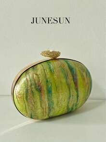 New Arrival Yellow-Green Painted Acrylic Evening Bag, Elegant Vintage Metal & Pearl Decorated Clutch Handbag, Fashion Party Wedding Formal Event Asymmetric Chain Shoulder Bag, Bridal Makeup Cosmetic Hard Box Purse - Multicolor - View 3