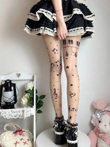 1 Par de Pantimedias de tono carne con estampado de nota musical, sexy y de moda, para mujeres