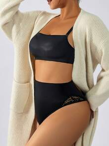 Plus Size Lace Tummy Control Thong - Seamless Shapewear, Mid-Waist Design - Black - View 5
