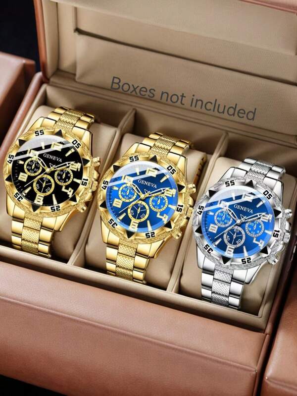 3Pcs Men's Alloy Strap Fashionable Casual Business Three Eye Blue Ligh Glass Large Dial Quartz Watch Combination Set For Daily Wear Or Holiday Gift Giving