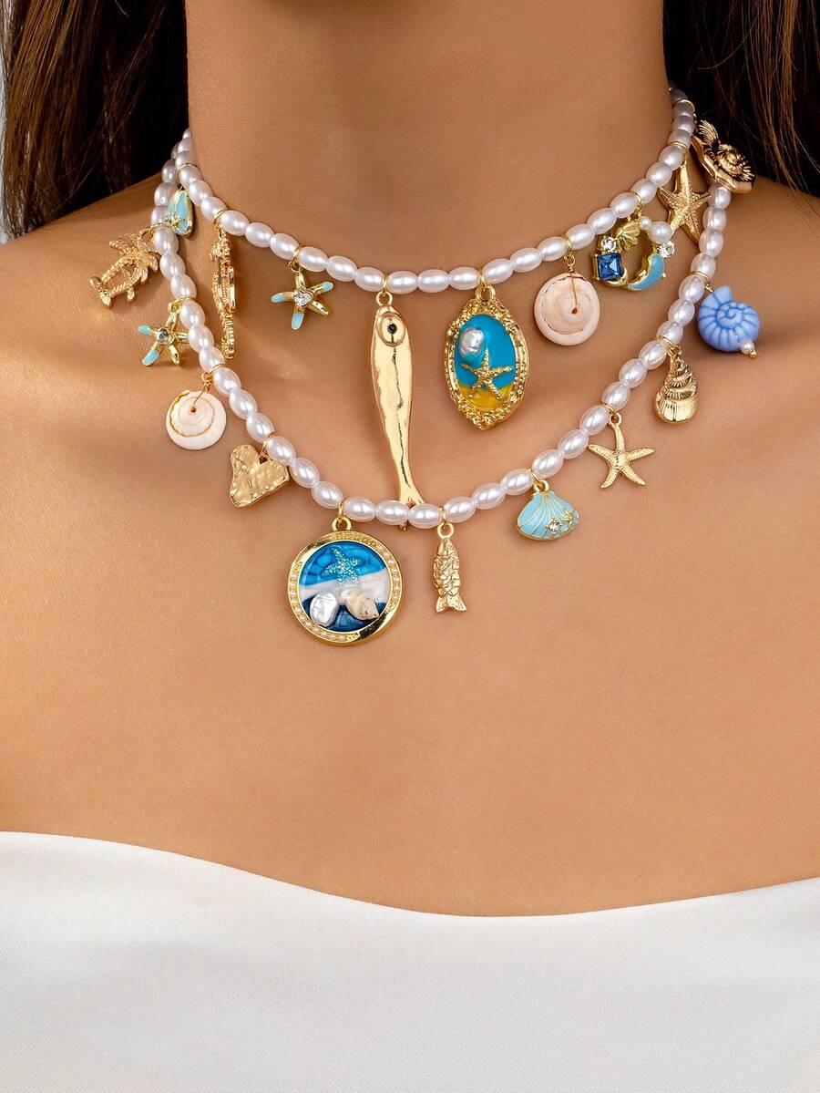 1 件 ABS 珍珠夏季海洋元素海星贝壳多吊坠项链，波西米亚风格多层串珠项链套装，适合度假、海滩、派对、日常佩戴 - 彩色 - 查看 1