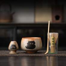 1 pieza Juego de accesorios de matcha japonés de cerámica con: batidor de matcha en forma de gato, tazón de matcha vertical, cuchara de matcha. Fabricado a mano con alta resistencia a la temperatura, durable y fácil de limpiar. Adecuado como regalo para vacaciones, cumpleaños, para usar en el hogar, al aire libre u oficina, vuelta al colegio