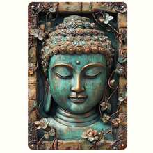 1pc 2D Retro Buddha Statue On For Lotus Art Metal Wall Sign, Turquoise Patina Finish, Intricate Floral Design, Rustproof & Waterproof, Indoor/Outdoor Use For Home, Bar, Cafe, Garage, Gift Idea, Porch Decor | Vintage Buddha Art | Durable Wall Art, Zen Home Decor