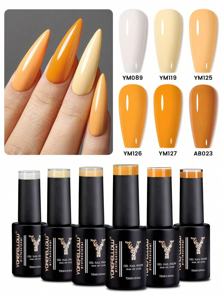 YOKEFELLOW 6 Color Orange Gel Nail Polish, 10ml Spring Summer Pumpkin Orange Color Gel Nail Polish, Glossy&Long-Lasting, Soak Off With LED UV Curing For Salon-Quality Nail Art Manicure Salon DIY Home For Women &Girl Gift - 彩色 - 查看 1