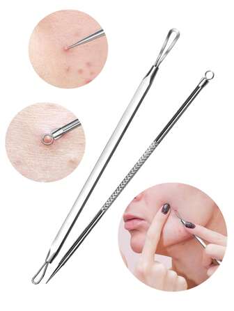 2pcs Stainless Steel Blackhead Remover, Pimple Extractor, Pimple Popper, Comedone Extractor, Surgical Grade Acne Treatment Tool, Blemish Removal Kit For Face, Nose, T-Zone
