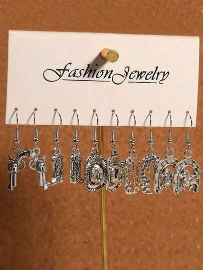 5 对复古西部牛仔风格合金牛头、马蹄、牛仔帽、靴子、仙人掌、手枪形状耳环首饰套装，适合日常佩戴