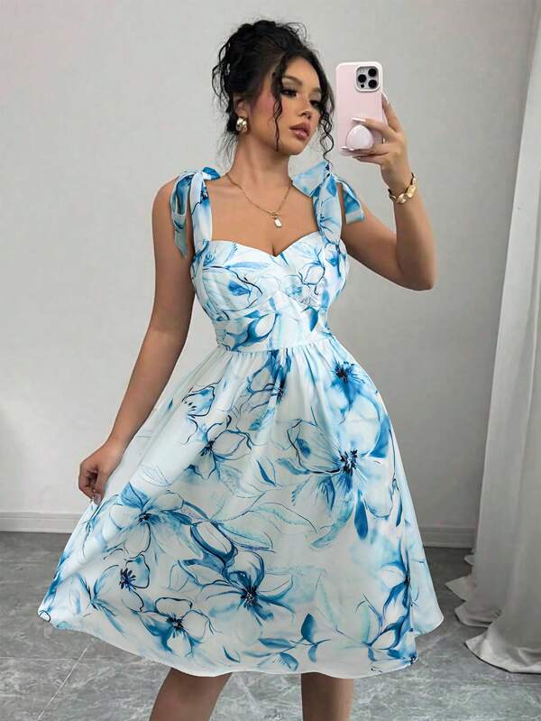 Women Elegant Floral Print Tie Front Midi Dress