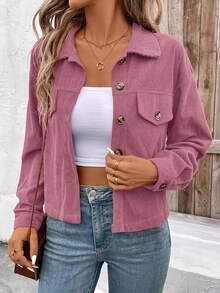 Solid Color Button Front Coat, Long Sleeve Casual Coat For Spring And Autumn, Women's Clothing, Corduroy Jacket With Button Front And Flap Pocket In Apricot Color - Pink - View 3