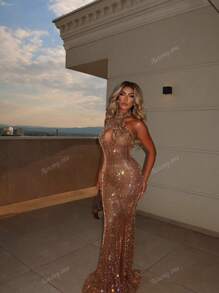 New Halter Neck Hollow Out Fitted Elegant Evening Dress For Women, Spring/Summer
