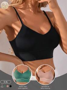 3 piezas Tops tipo camiseta de mujer, tops de sujetador sin costuras, estilo casual y cómodo, de cuello en V y sin alambres, en unicolor