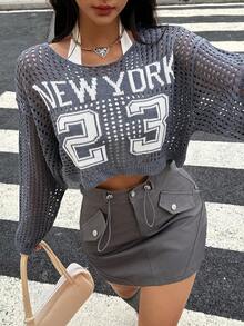 Summer Alphanumeric Hollow Crochet Short Y2K Hot Girl Long Sleeved Vacation Rave Outfits - Grey - View 6