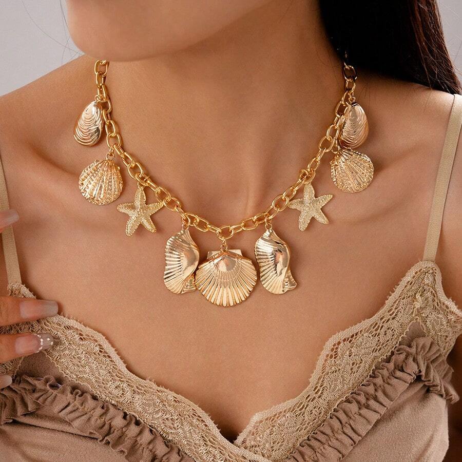 1 pieza Collar con colgante de concha y estrella de mar de metal inspirado en el océano - collar - Ver 1