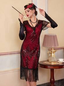 Flapper Dresses 1920s, Great Gatsby Dresses Roaring 20s For Women, Sheer Beaded Sleeves Costume - Red - View 5