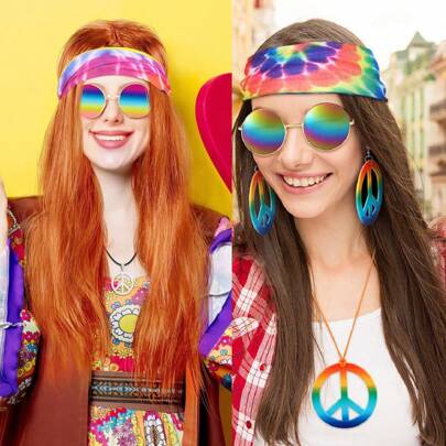 Parrucca stile hippie da donna - solo parrucca, lunga e dritta, sintetica arancione zenzero marrone, resistente al calore, con retina rosa, 100% di densità - perfetta per donne anni '60 '70 '80, band rock, discoteca, cosplay, Ognissanti e feste