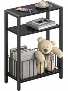 Narrow Side Table With Storage Basket, Small End Table For Small Spaces Skinny Side Tables Living Room Bedroom, Slim Nightstand 3 Tier Bedside Table Space-Saving For Magazine, Rustic Brown