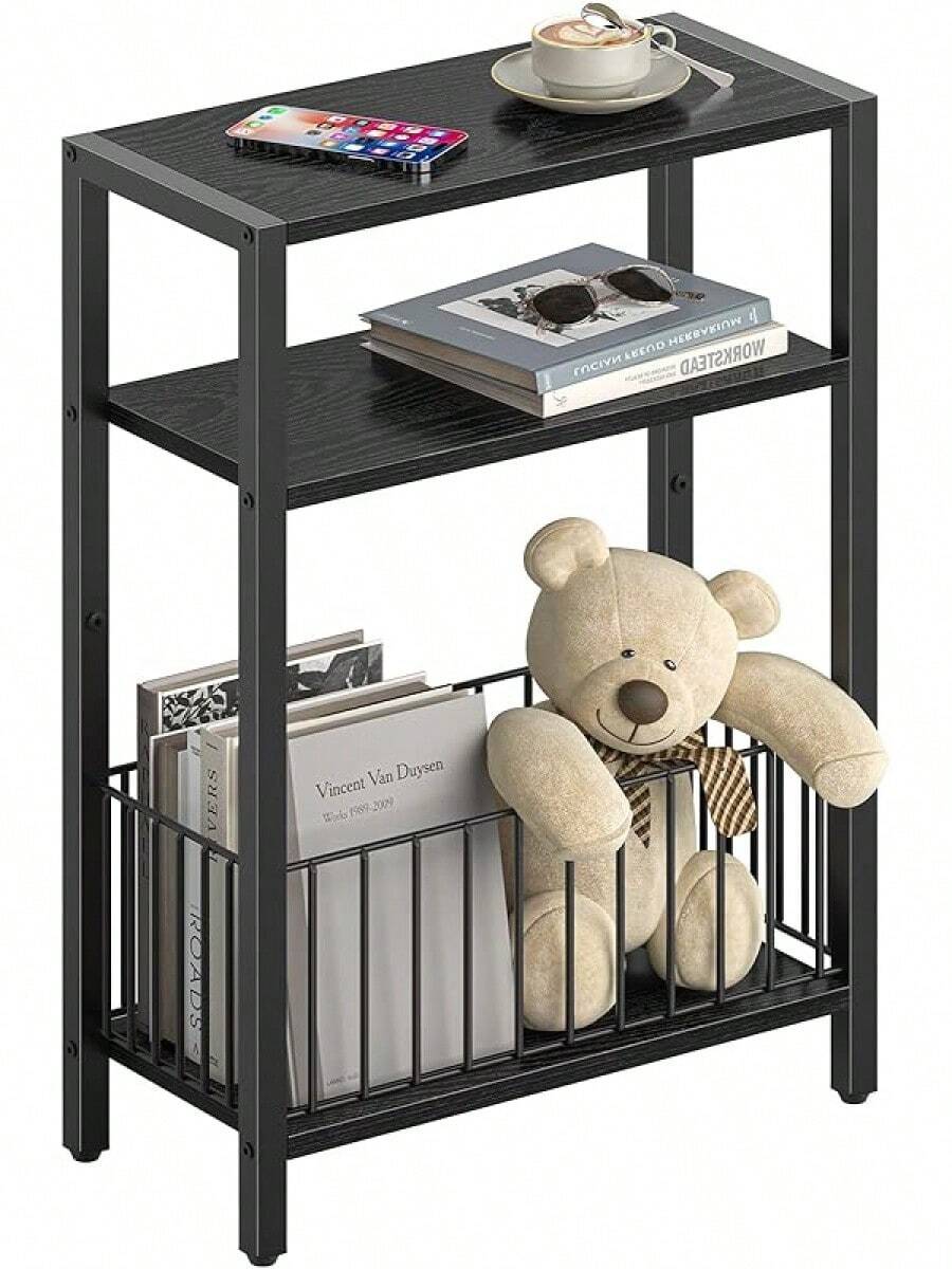 Narrow Side Table With Storage Basket, Small End Table For Small Spaces Skinny Side Tables Living Room Bedroom, Slim Nightstand 3 Tier Bedside Table Space-Saving For Magazine, Rustic Brown