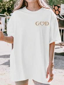 Summer Christian T-Shirt With Bible Verse Print, "Living Proof Of A Loving God, I John 4:9-10", Casual Loose Drop Shoulder Short Sleeve Tee, Suitable For Summer Vacation And Believers